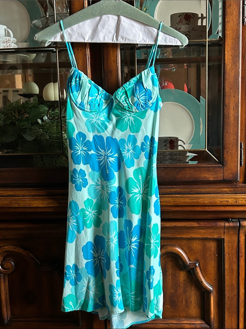 Zara Aqua & Teal Floral Satin Slip Dress